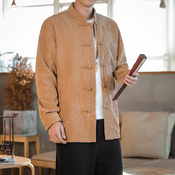 Men's Chinese Style Corduroy Long Sleeve Shirt – Spring/Autumn Vintage Tang Suit with Frog Buttons, Loose Fit Plus Size Jacket - Image 2