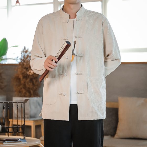 Men's Chinese Style Corduroy Long Sleeve Shirt – Spring/Autumn Vintage Tang Suit with Frog Buttons, Loose Fit Plus Size Jacket - Image 3