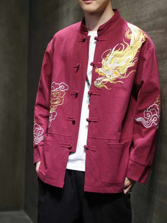 Men's Chinese Style Tang Suit Jacket – Spring Dragon Embroidered Long Sleeve Hanfu Coat with Stand Collar, Vintage Loose Fit Plus Size - Image 3