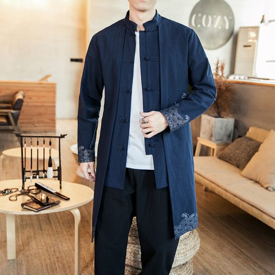 Men's Chinese Style Tang Suit Trench Coat – Autumn/Winter Mid-Length Cotton Linen Long Sleeve Jacket, Loose Fit Plus Size - Image 2