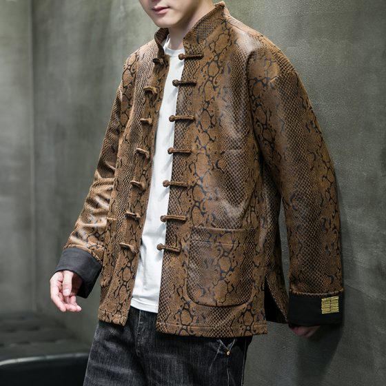 Men's Chinese Style Suede Jacket – Snake Print Tang Suit with Stand Collar and Frog Buttons, Trendy Zhongshan Style Coat - Image 3