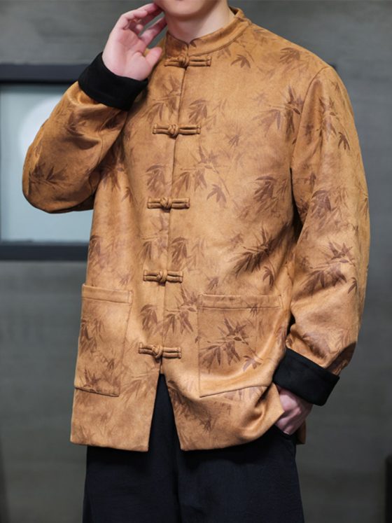 Men's Chinese Style 2024 New Suede Tang Suit – Modern Hanfu Jacket with Frog Buttons and Stand Collar, Autumn Fashion - Image 4