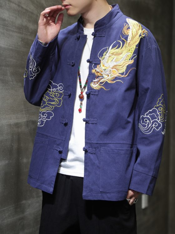 Men's Chinese Style Tang Suit Jacket – Spring Dragon Embroidered Long Sleeve Hanfu Coat with Stand Collar, Vintage Loose Fit Plus Size - Image 4