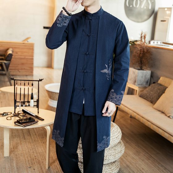 Men's Chinese Style Tang Suit Trench Coat – Autumn/Winter Mid-Length Cotton Linen Long Sleeve Jacket, Loose Fit Plus Size - Image 3