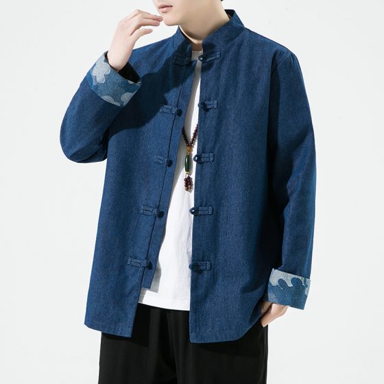 Vintage Denim Chinese-Style Jacket, Long-Sleeve Frog Button Tang Suit Top - Image 2