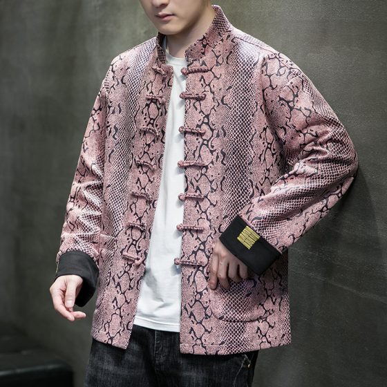 Men's Chinese Style Suede Jacket – Snake Print Tang Suit with Stand Collar and Frog Buttons, Trendy Zhongshan Style Coat - Image 4