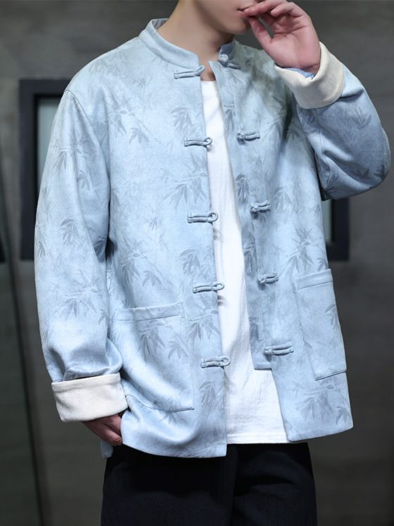 Men's Chinese Style 2024 New Suede Tang Suit – Modern Hanfu Jacket with Frog Buttons and Stand Collar, Autumn Fashion - Image 3