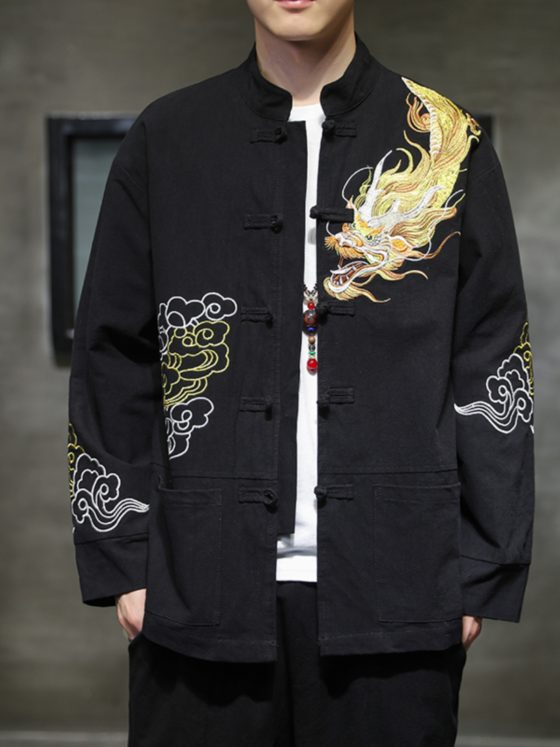 Men's Chinese Style Tang Suit Jacket – Spring Dragon Embroidered Long Sleeve Hanfu Coat with Stand Collar, Vintage Loose Fit Plus Size - Image 5