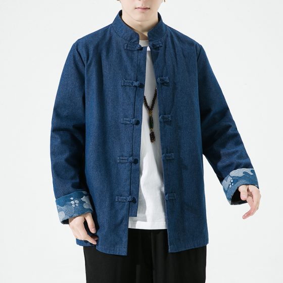 Vintage Denim Chinese-Style Jacket, Long-Sleeve Frog Button Tang Suit Top - Image 4