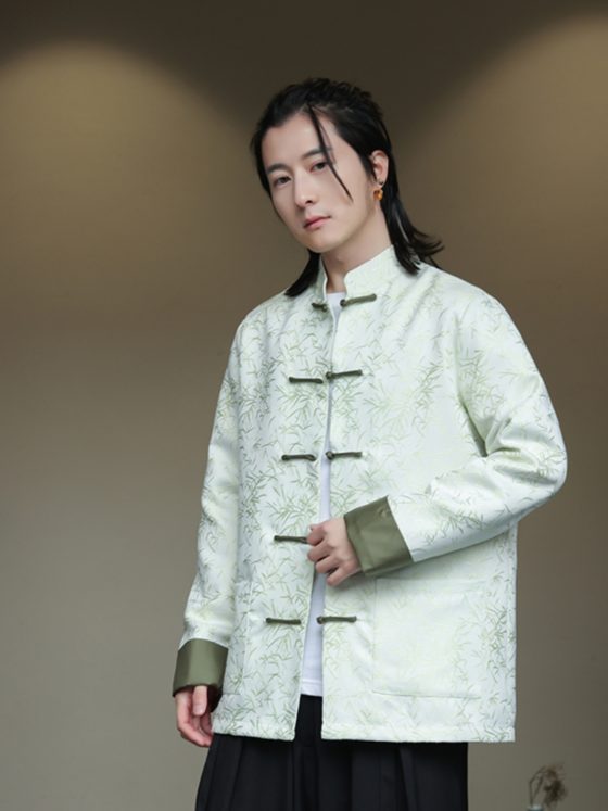 Men's New Chinese Style Tang Suit – Spring/Autumn Jacquard Long Sleeve Jacket with Frog Buttons, Loose Fit Vintage Hanfu Coat - Image 4