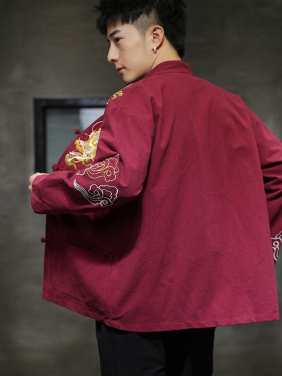 Men's Chinese Style Tang Suit Jacket – Spring Dragon Embroidered Long Sleeve Hanfu Coat with Stand Collar, Vintage Loose Fit Plus Size - Image 6