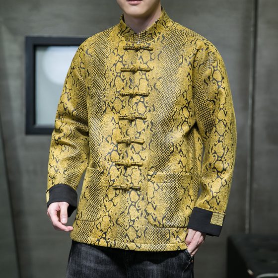 Men's Chinese Style Suede Jacket – Snake Print Tang Suit with Stand Collar and Frog Buttons, Trendy Zhongshan Style Coat - Image 5