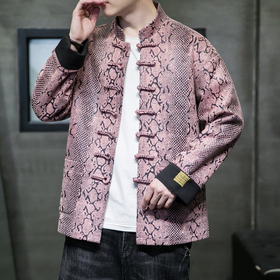 Men's Chinese Style Suede Jacket – Snake Print Tang Suit with Stand Collar and Frog Buttons, Trendy Zhongshan Style Coat - Image 6