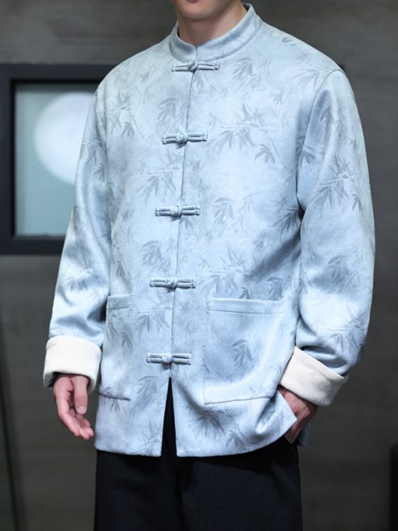 Men's Chinese Style 2024 New Suede Tang Suit – Modern Hanfu Jacket with Frog Buttons and Stand Collar, Autumn Fashion - Image 2