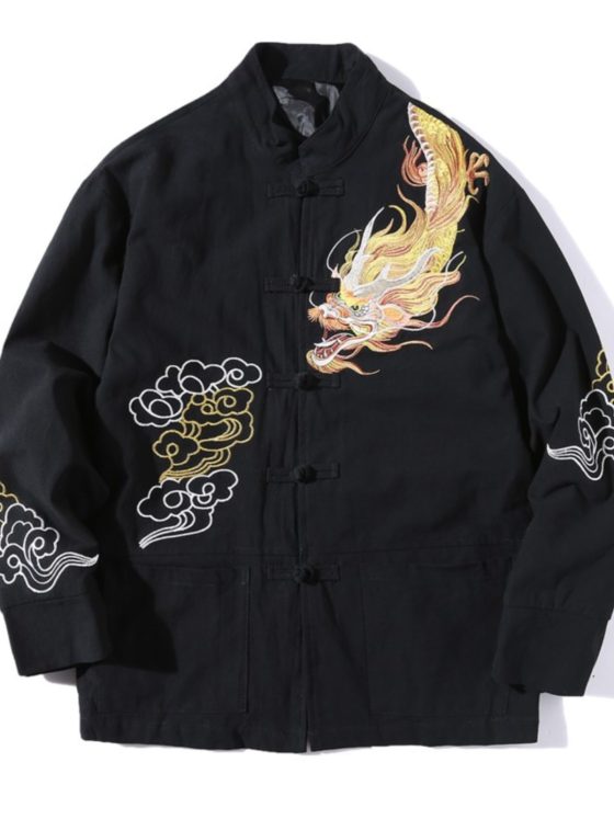 Men's Chinese Style Tang Suit Jacket – Spring Dragon Embroidered Long Sleeve Hanfu Coat with Stand Collar, Vintage Loose Fit Plus Size - Image 7
