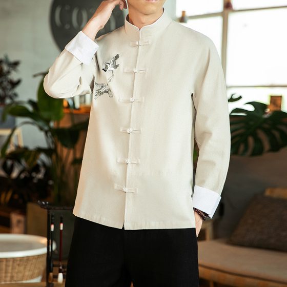Men's Embroidered Chinese Style Autumn Cotton Linen Long Sleeve Shirt – Vintage Loose Hanfu Plus Size Jacket - Image 3