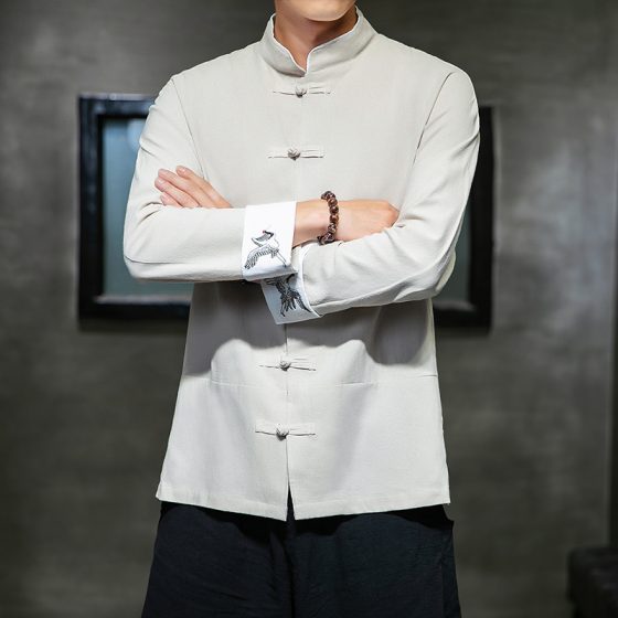 Men's Embroidered Chinese Style Autumn Cotton Linen Long Sleeve Shirt – Vintage Loose Hanfu Plus Size Jacket - Image 6