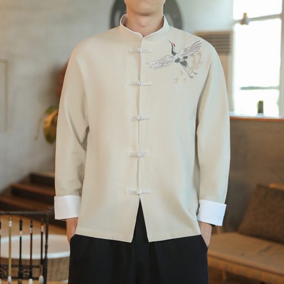 Men's Embroidered Chinese Style Autumn Cotton Linen Long Sleeve Shirt – Vintage Loose Hanfu Plus Size Jacket - Image 9