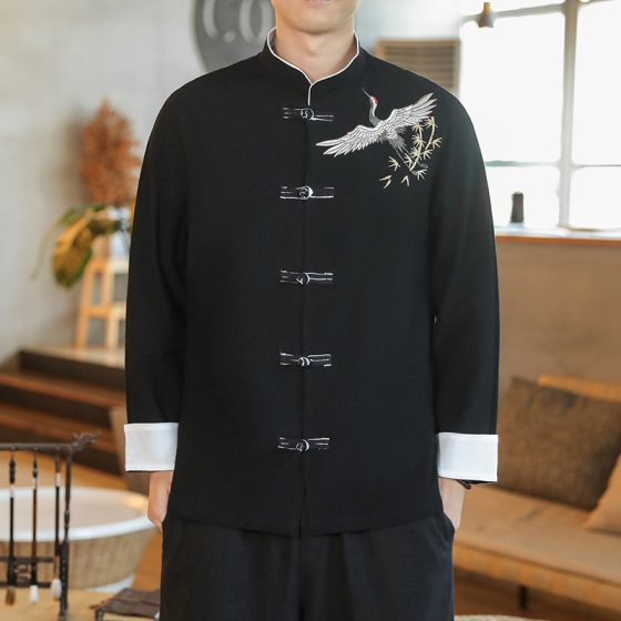 Men's Embroidered Chinese Style Autumn Cotton Linen Long Sleeve Shirt – Vintage Loose Hanfu Plus Size Jacket - Image 8