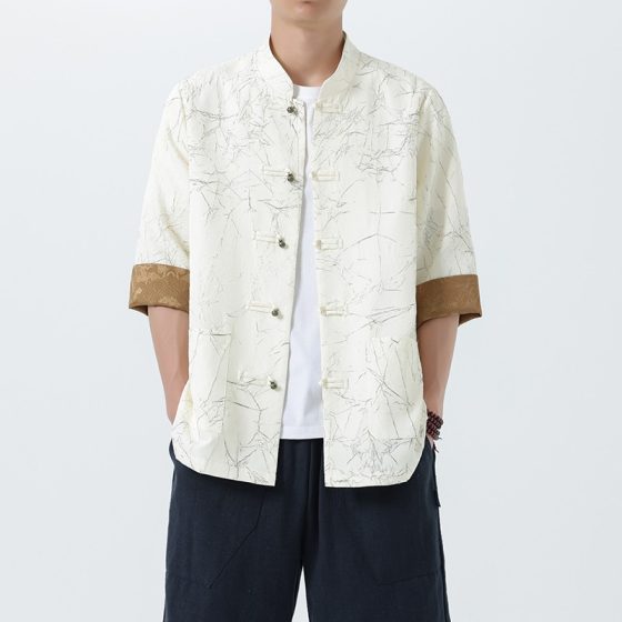 Men's Modern Hanfu Chinese Style Spring/Autumn Jacquard Long Sleeve Jacket – Loose Fit Tang Suit with Frog Buttons - Image 2