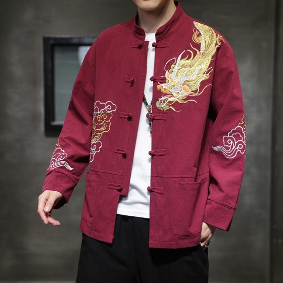 Men's Chinese Style Tang Suit Jacket – Spring Dragon Embroidered Long Sleeve Hanfu Coat with Stand Collar, Vintage Loose Fit Plus Size - Image 2