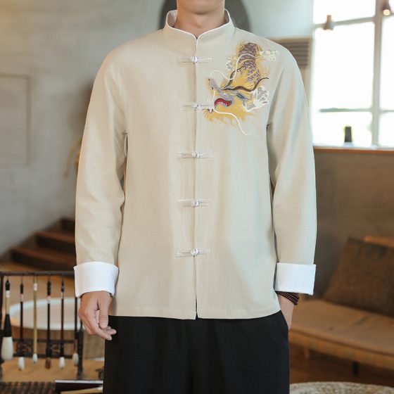 Men's Embroidered Chinese Style Autumn Cotton Linen Long Sleeve Shirt – Vintage Loose Hanfu Plus Size Jacket - Image 12