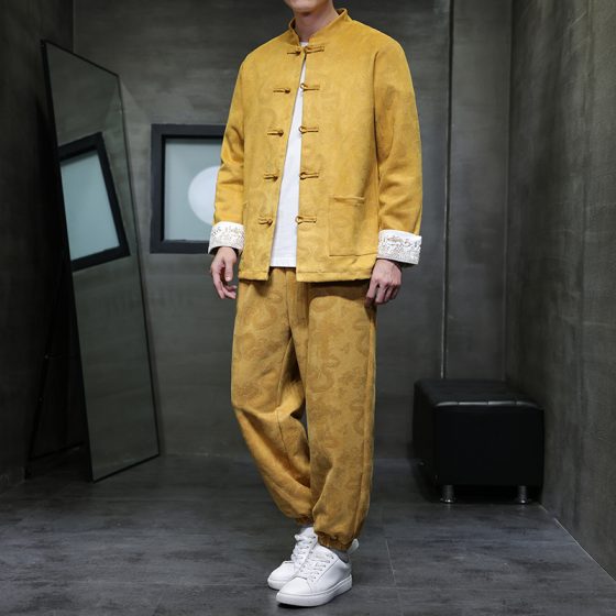 Men's New Chinese Style Embroidered Tang Suit – Autumn/Winter Suede Long Sleeve Jacket Set with Frog Buttons, Plus Size Two-Piece Outfit - Image 5