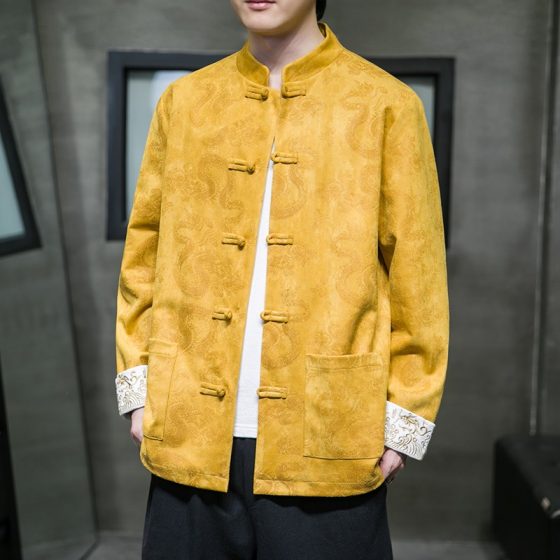 Men's New Chinese Style Embroidered Tang Suit – Autumn/Winter Suede Long Sleeve Jacket Set with Frog Buttons, Plus Size Two-Piece Outfit - Image 4