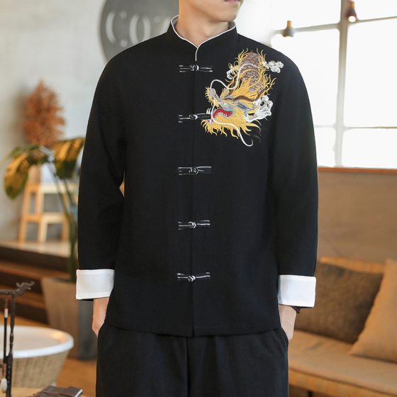 Men's Embroidered Chinese Style Autumn Cotton Linen Long Sleeve Shirt – Vintage Loose Hanfu Plus Size Jacket - Image 11