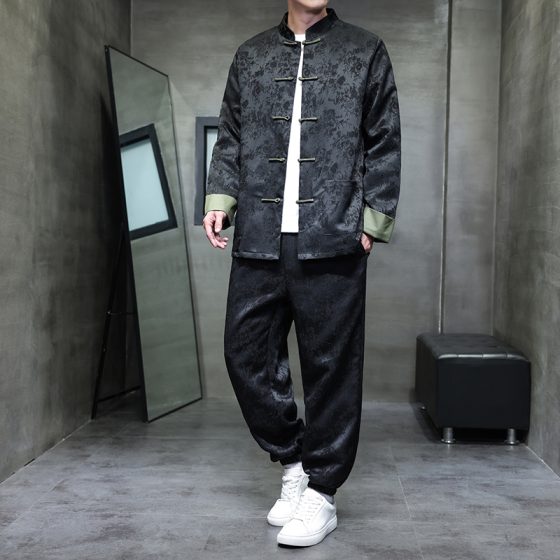 Men's New Chinese Style Jacquard Tang Suit – Autumn/Winter Long Sleeve Jacket Two-Piece Set, Modernized Hanfu Plus Size Outfit