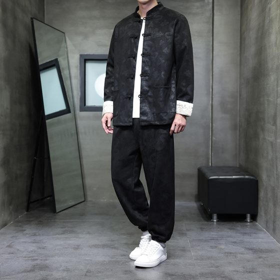 Men's New Chinese Style Embroidered Tang Suit – Autumn/Winter Suede Long Sleeve Jacket Set with Frog Buttons, Plus Size Two-Piece Outfit - Image 3